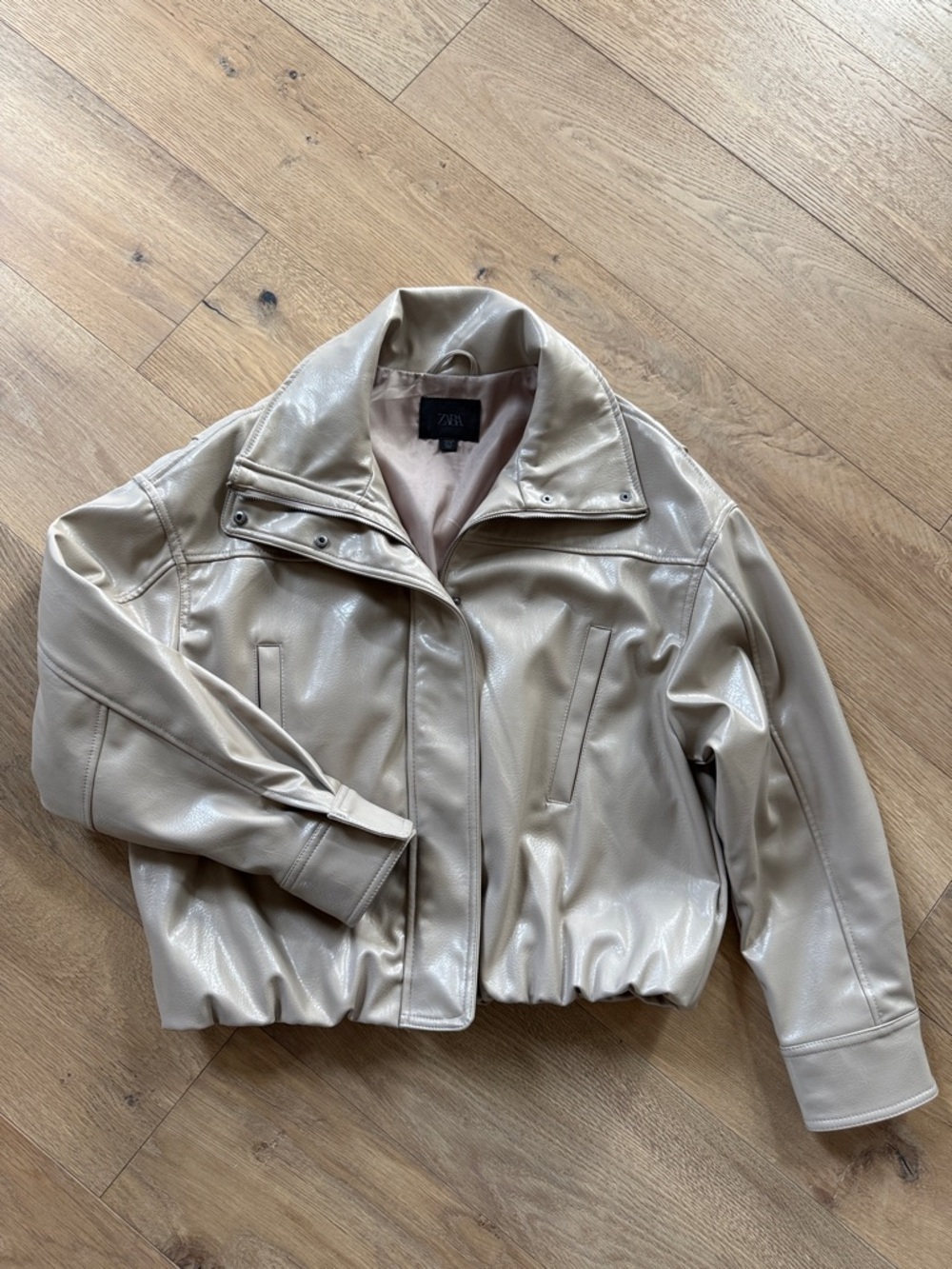 Zara Beige Faux Leather Bomber Jacket- brand new
